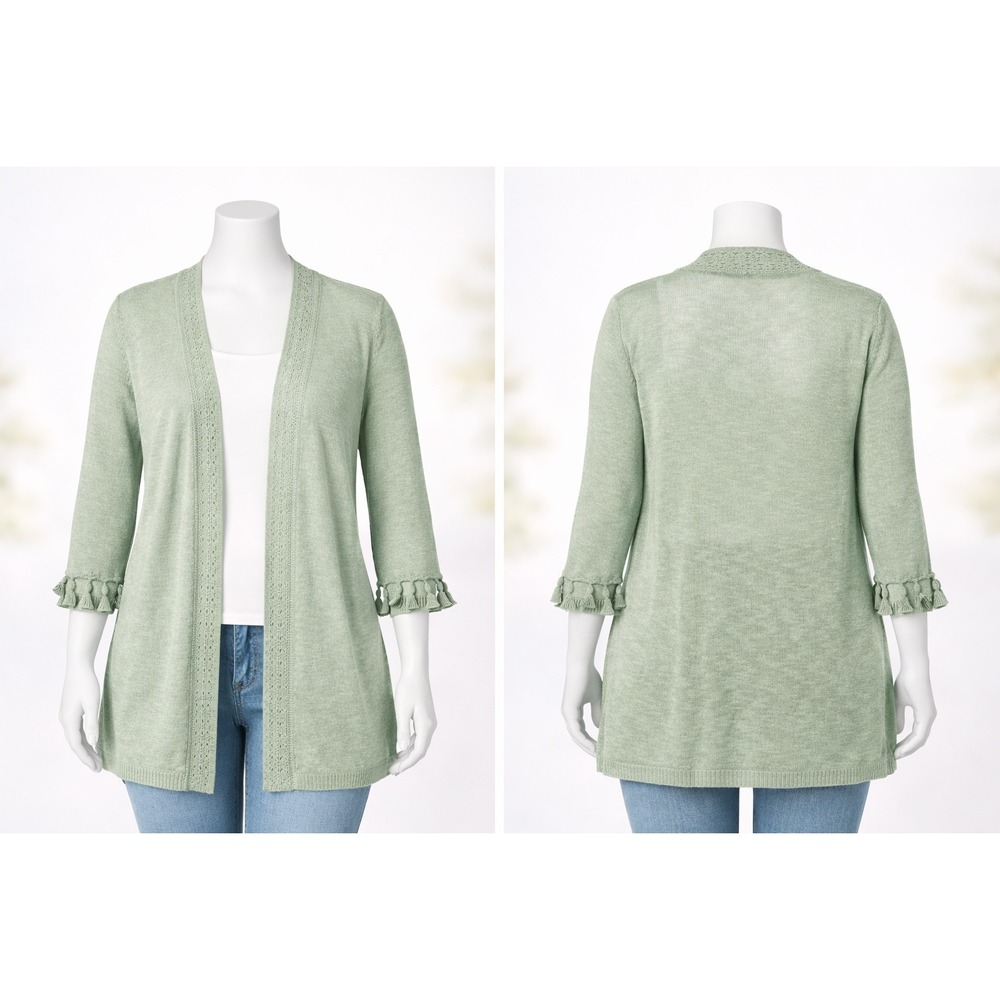Denim‎ & Co Womens Large Open Front 3/4 Sleeve Tassel Fringe Cardigan Mint Green